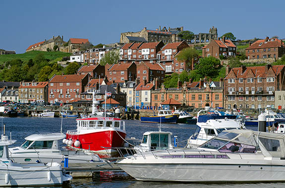 ENG: Yorkshire & Humberside Region, North Yorkshire, North Yorkshire Coast, Whitby, Town Center, View over harbor towards the abbey [Ask for #270.155.]