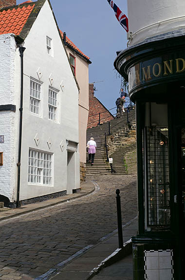 ENG: Yorkshire & Humberside Region, North Yorkshire, North Yorkshire Coast, Whitby, Abbey Steps, Steps to the abbey start at Church Street, a pedestrianized historic shopping district on the harbor's east side; The Cleveland Way runs this way [Ask for #270.184.]