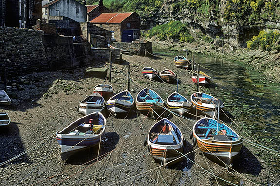 ENG: Yorkshire & Humberside Region, North Yorkshire, North Yorkshire Coast, Sea Cliffs, Straithes, Fishing boats in creek. [Ask for #133.076.]