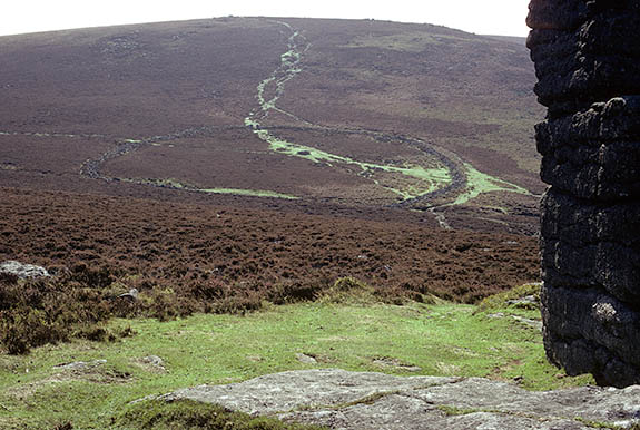 ENG: Devon , Dartmoor National Park, Central Dartmoor, Grimspound. Prehistoric huts, viewed from a nearby tor. [Ask for #157.010.]