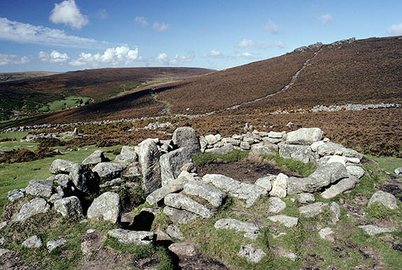 ENG: South West Region, Devon, Dartmoor National Park, Central Dartmoor, Grimspound, Prehistoric huts. Hookney Tor in bkgd. [Ask for #157.015.]