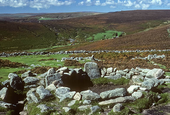 ENG: South West Region, Devon, Dartmoor National Park, Central Dartmoor, Grimspound, Prehistoric huts. [Ask for #157.017.]