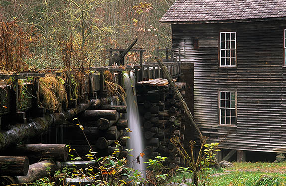 North Carolina: The Great Smoky Mtns Region, Swain County, Great Smoky Mountains Nat. Park, Newfound Gap Road, Mingus Mill, Elevated millrace entering mill [Ask for #195.022.]