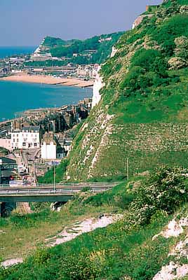 ENG: South East Region, Kent, The White Cliffs of Dover, Dover Area, Kent Downs AONB, Fox Hill Down (NT), View south, towards Dover Harbor. Dover Castle outbuildings on clifftop, right. [Ask for #239.277.]