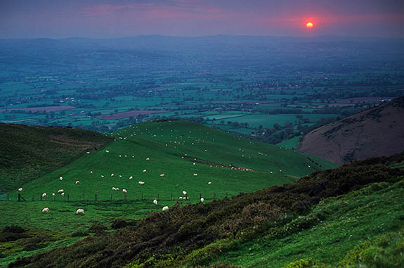 WAL: Denbighshire County, Clwydian Hills, Ruthin Area, Moel Famau Country Park. Sunset view west over the Vale of Clwyd, from Offa's Dyke Path [Ask for #246.079.]