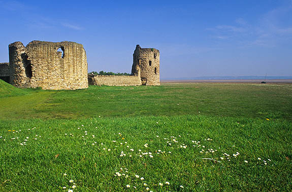 WAL: Flintshire County, The Dee Coast, Flint, Flint Castle. Castle viewed from daisy-covered embankment; Dee Estuary (Sands of Dee) in bkgd [Ask for #246.098.]