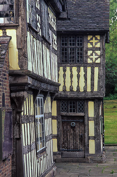 ENG: West Midlands Region, Stoke-on-Trent City, Norton, Ford Green Hall, View of restored 17th c. half-timbered farmhouse, now a city museum, from the front, showing porch over main entrance [Ask for #246.275.]