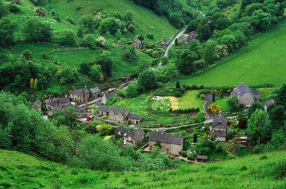 ENG: East Midlands Region, Derbyshire, Peak National Park, The River Dove, Milldale, View toward the village from the hills above. [Ask for #246.299.]