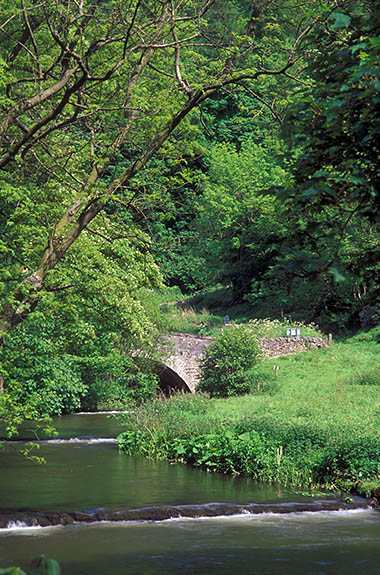 ENG: West Midlands Region, Staffordshire, Peak National Park, The River Dove, Milldale, View up the River Dove towards the old bridge at Lode Mill [Ask for #246.311.]