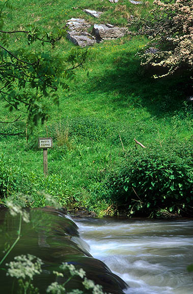 ENG: West Midlands Region, Staffordshire, Peak National Park, The River Dove, Milldale, Sign by the River Dove: "Private Fishing"; by weir [Ask for #246.312.]