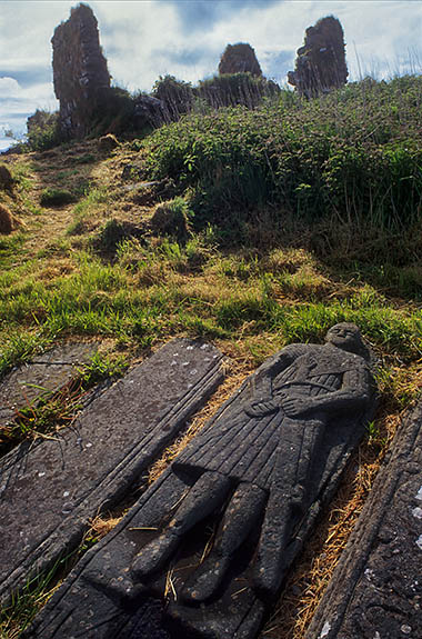 SCO: Argyll & Bute , Inner Hebrides, Islay, Port Askaig Area, Finlaggan. Medieval carved grave slabs at the ancient seat of the Lords of the Isles, on an island in Loch Finlaggan [Ask for #246.477.]