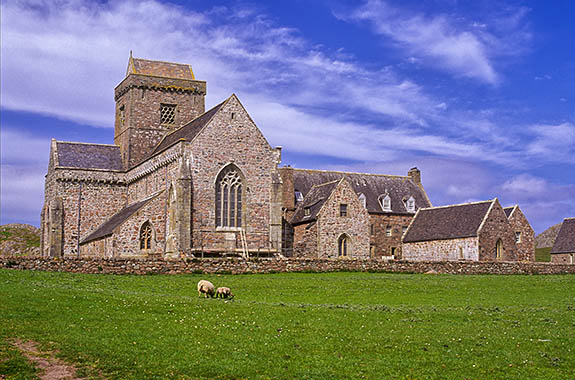 SCO: Argyll & Bute , Inner Hebrides, off Mull, Isle of Iona, Iona Abbey. General view of the restored 13th C abbey, from its seaward (east) side [Ask for #246.595.]