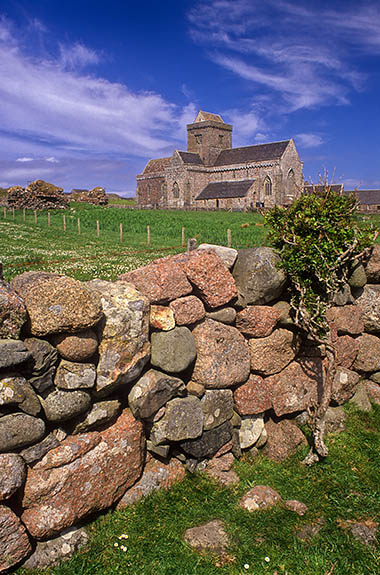 SCO: Argyll & Bute , Inner Hebrides, off Mull, Isle of Iona, Iona Abbey. General view of the restored 13th C abbey, from its seaward (east) side; drystone wall in frgd [Ask for #246.596.]