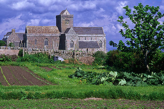 SCO: Argyll & Bute , Inner Hebrides, off Mull, Isle of Iona, Baile Mor (village). View over gardens uphill of the village, towards the restored 13th C abbey [Ask for #246.621.]