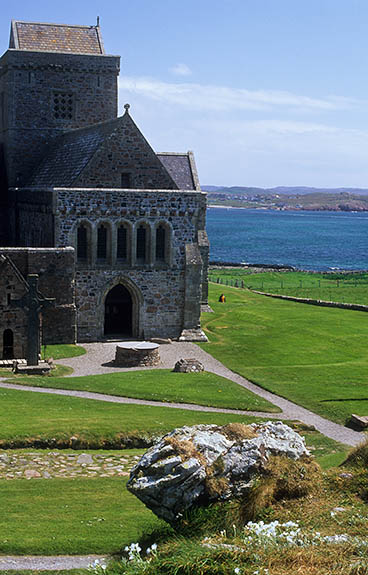 SCO: Argyll & Bute , Inner Hebrides, off Mull, Isle of Iona, Iona Abbey. Entrance to restored 13th C abbey, from Tor An Aba (site of St Columba's cell) [Ask for #246.630.]