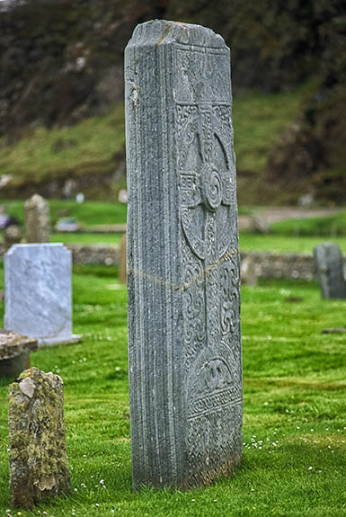 SCO: Highland Region, Sutherland District, Northern Coast, Bettyhill, The Farr Stone, an early Christian carved slab, on the grounds of the Strathnaver Museum, the village's former church. [Ask for #246.877.]