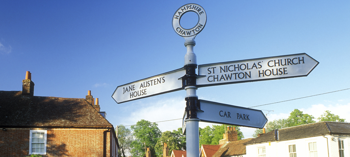 ENG: South East Region, Hampshire, South Downs National Park, Chawton, Jane Austin's House, Cast iron road sign in front of house. [Ask for #253.001.]