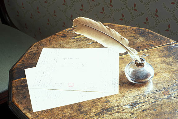 ENG: Hampshire , South Downs National Park, Chawton, Jane Austin's House. The desk upon which Jane Austin wrote or revised all of her novels, and t he window by which she always worked. [Ask for #253.038.]