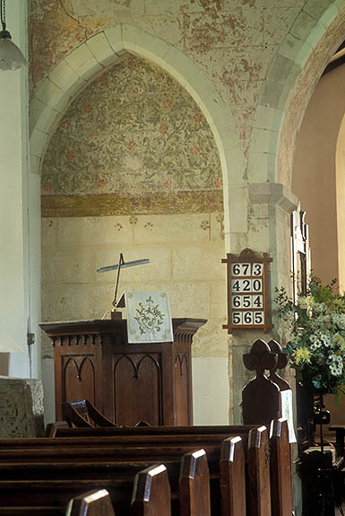 ENG: Hampshire , The North Downs, Steventon (Jane Austin's Birthplace), Steventon Church. Interior of this 13th c. village church; medieval and 17th c. paintings still visible on the wall [Ask for #253.065.]