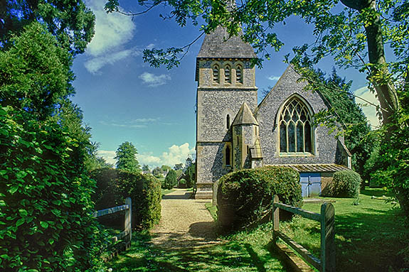 ENG: South East Region, Hampshire, The North Downs, Burghclere Area, Newtown Village, Village church (c. 1869), with a bridge over a small brook, as described in "Watership Down" p57 [Ask for #253.123.]