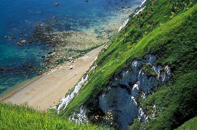 Cliff-top view, at an abandoned military site, straight down to the beach below. Location: ENG, Kent , The White Cliffs of Dover, Dover Area, Kent Downs AONB, The Shakespeare Cliffs. [ref. to #256.043]