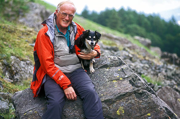 ENG: Cumbria , Lake District N.P., Keswick-Borrowdale Area, Broadstack Gil (NT). Search and Rescue Dogs Assoc. (Lake District) training session. Handler Mick Guy with search dog Mist [Ask for #259.150.]
