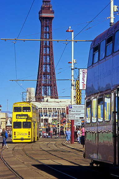 ENG: Blackpool Borough, Southern Beachfront, The Golden Mile, The Golden Mile. Omnibus trams runs in front of the Tower [Ask for #262.014.]