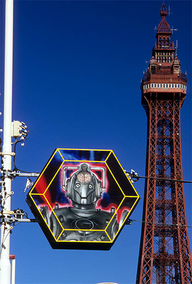 ENG: Blackpool Borough, Southern Beachfront, The Golden Mile, Doctor Who illumination features a cyberman; Tower in background [Ask for #262.032.]