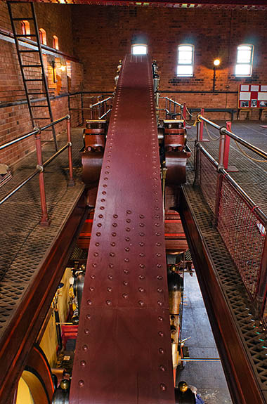 ENG: West Midlands Region, Staffordshire, The Trent Valley, Burton-on-Trent, Claymills Pumping Station, The massive beam of a restored and operating steam pumping engine [Ask for #270.221.]