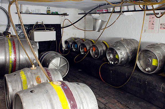 ENG: West Midlands Region, Staffordshire, The Trent Valley, Burton-on-Trent, Burton Bridge Brewery, Town Center, Casks in the basement beneath the attached pub, tapped and in use. [Ask for #270.244.]