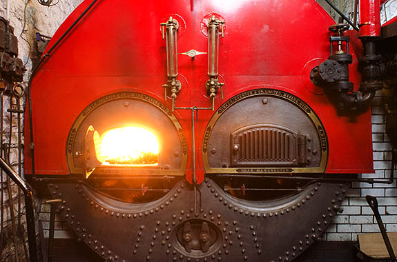 ENG: The Northwest Region, Lancashire, The Pennines, Burnley Borough, Briercliffe, Queen Street Mill, Boilers that fire the steam engine which still runs this functioning Victorian textile factory [Ask for #270.387.]