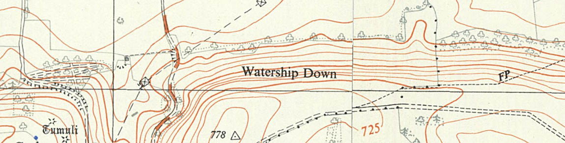 ENG: South East Region, Hampshire, North Wessex Downs AONB, Watership Down, Ordnance Survey map of Watership Down, 1958. This is from the time in which Richard Adams explored this area, and is likely the map he used. [Ask for #990.155.]