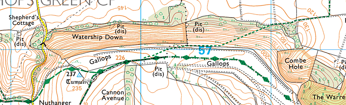 ENG: South East Region, Hampshire, North Wessex Downs AONB, Watership Down, Ordnance Survey map of Watership Down, c. 2016. [Ask for #990.156.]